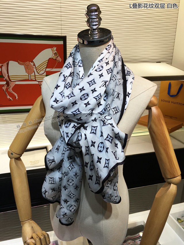 Louis Vuitton女士圍巾 路易威登2021新款羊絨保暖雙面圍巾 LV疊影花紋雙層真絲長巾  mmj1102